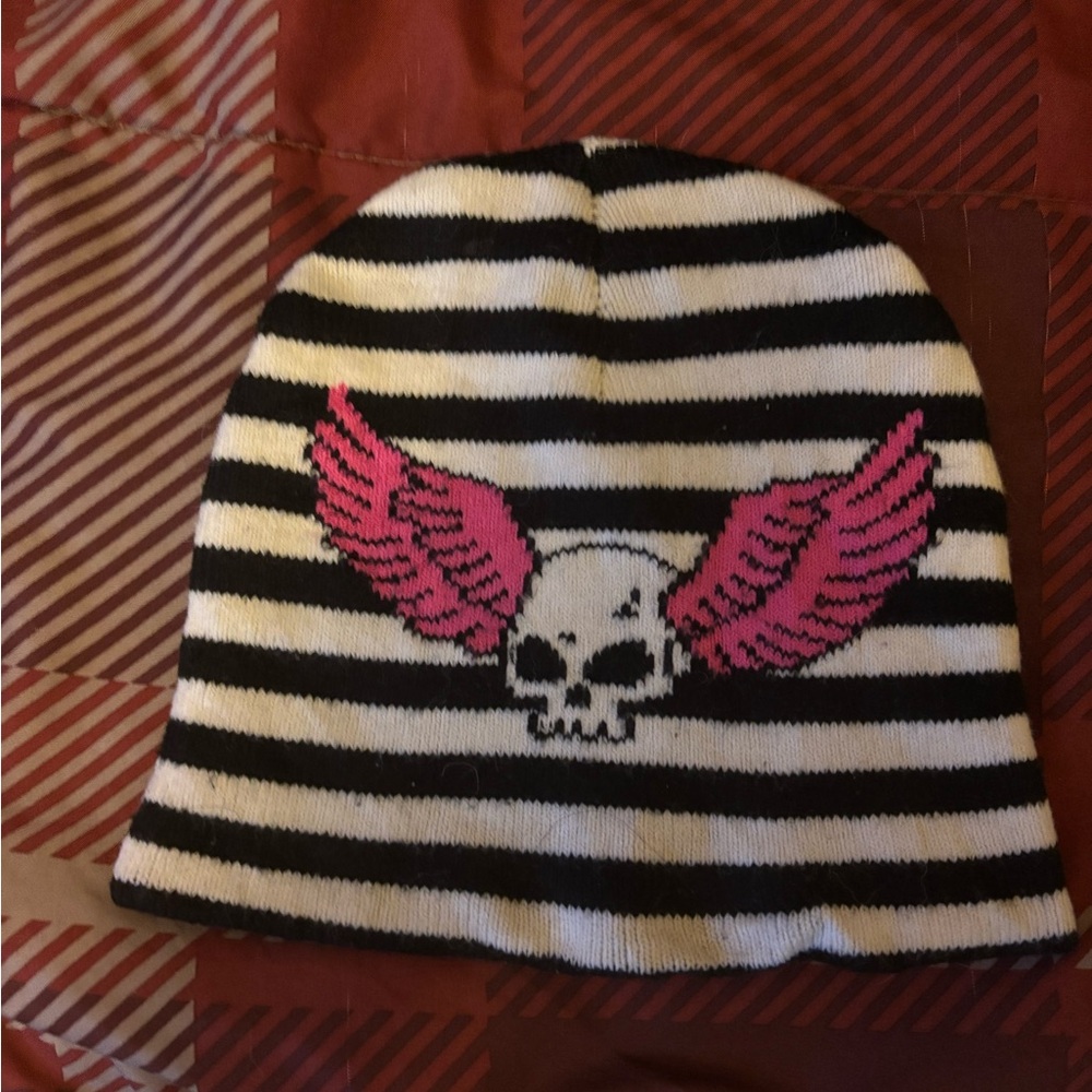 Striped Beanie with Skull and Wings